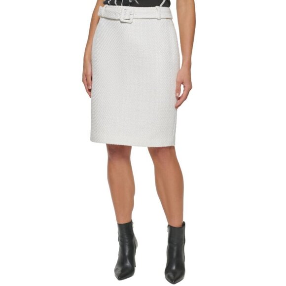 DKNY Women's Size 10 White Tweed Belted Pencil Skirt, Fully Lined NWOT - Picture 1 of 6
